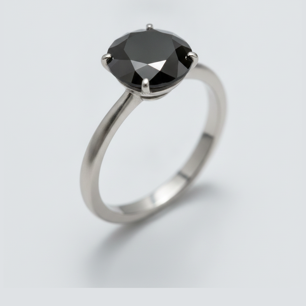 10 Carat Round Black Diamond Solitaire Ring Natural 14K White Gold