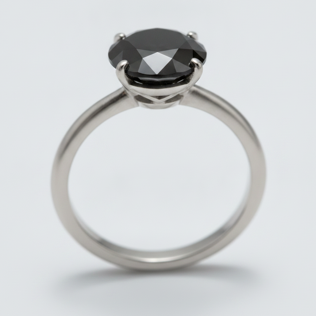 10 Carat Round Black Diamond Solitaire Ring Natural 14K White Gold