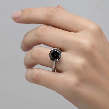 10 Carat Round Black Diamond Solitaire Ring Natural 14K White Gold