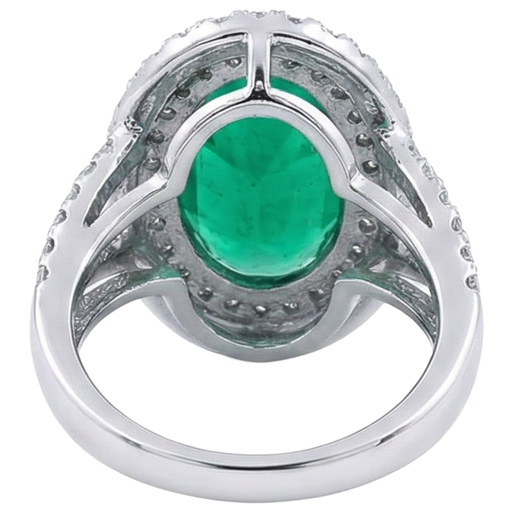 11.25 Carats Oval Cut Green Emerald GIA & Natural Earth Mined Diamond 14K White Gold Anniversary Ring