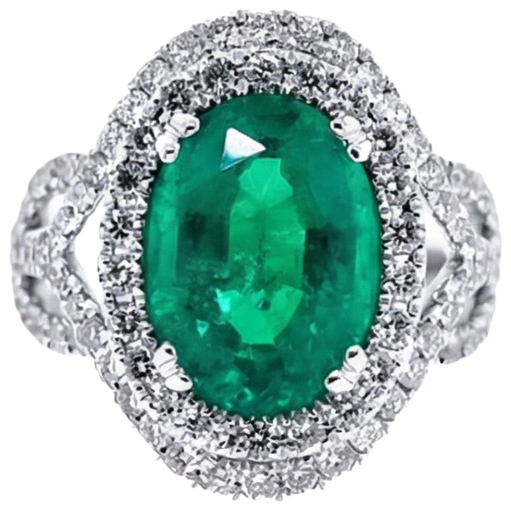 11.25 Carats Oval Cut Green Emerald GIA & Natural Earth Mined Diamond 14K White Gold Anniversary Ring