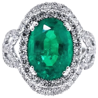 11.25 Carats Oval Cut Green Emerald GIA & Natural Earth Mined Diamond 14K White Gold Anniversary Ring