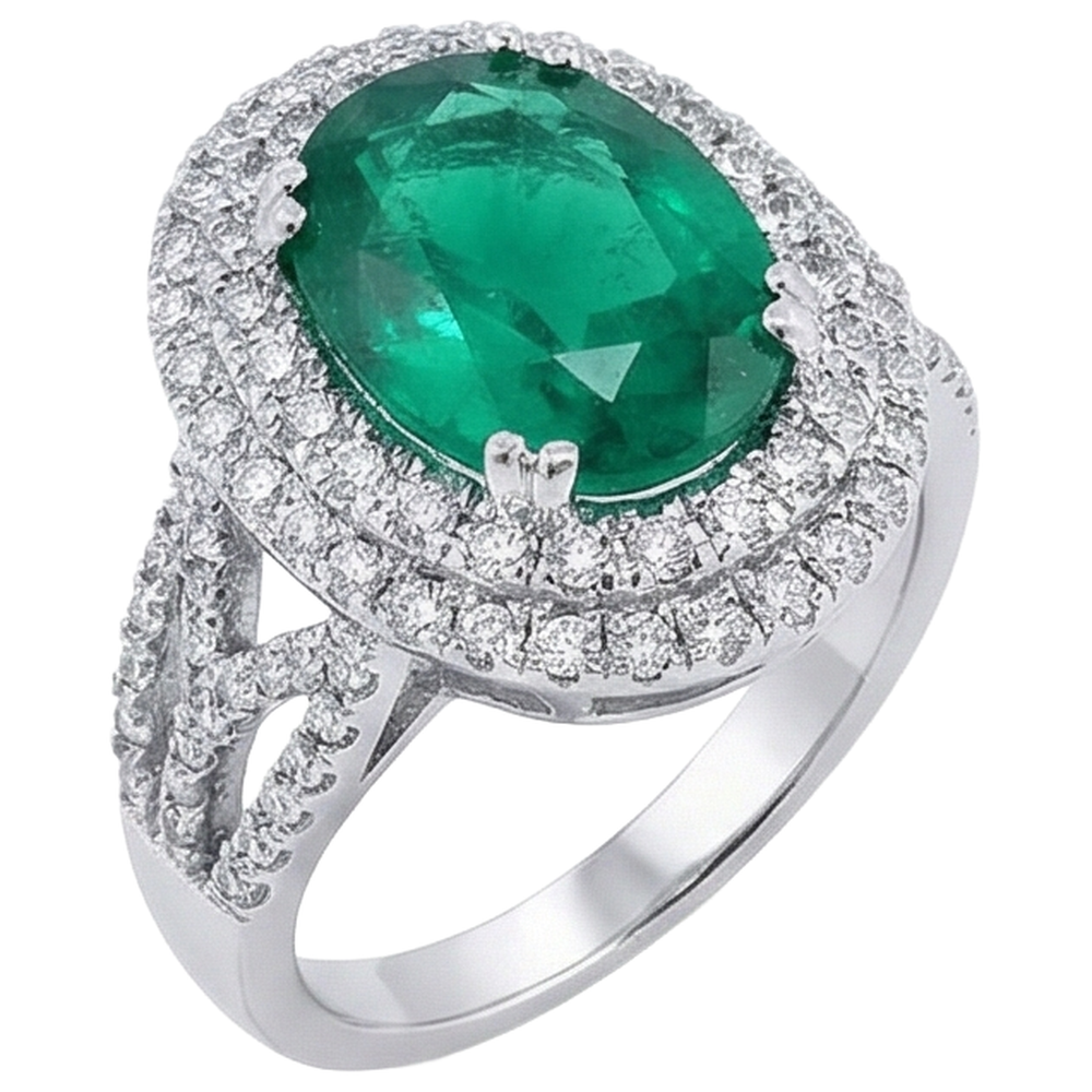 11.25 Carats Oval Cut Green Emerald GIA & Natural Earth Mined Diamond 14K White Gold Anniversary Ring