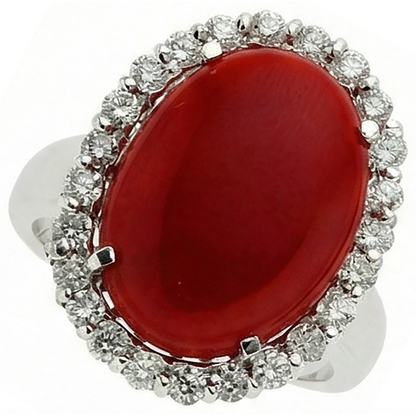 11.25 Ct Prong Set Red Coral With Natural Earth Mined Diamonds Ring 14K White Gold