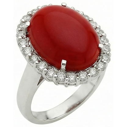 11.25 Ct Prong Set Red Coral With Natural Earth Mined Diamonds Ring 14K White Gold