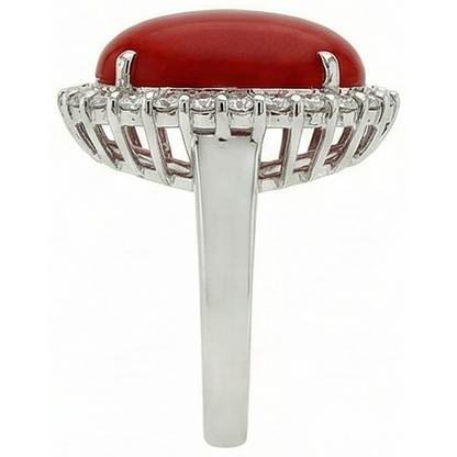 11.25 Ct Prong Set Red Coral With Natural Earth Mined Diamonds Ring 14K White Gold