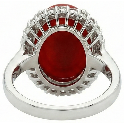 11.25 Ct Prong Set Red Coral With Natural Earth Mined Diamonds Ring 14K White Gold