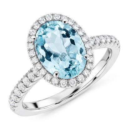 11.70 Ct Oval Aquamarine And Round Natural Earth Mined Diamonds Ring 14K White Gold
