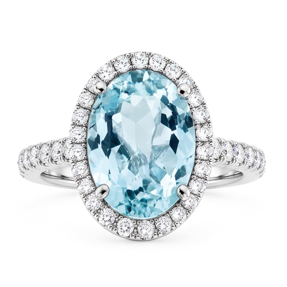 11.70 Ct Oval Aquamarine And Round Natural Earth Mined Diamonds Ring 14K White Gold
