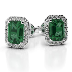 11.50 Carats Halo Green Emerald And Diamond Stud Earrings White Gold 14K