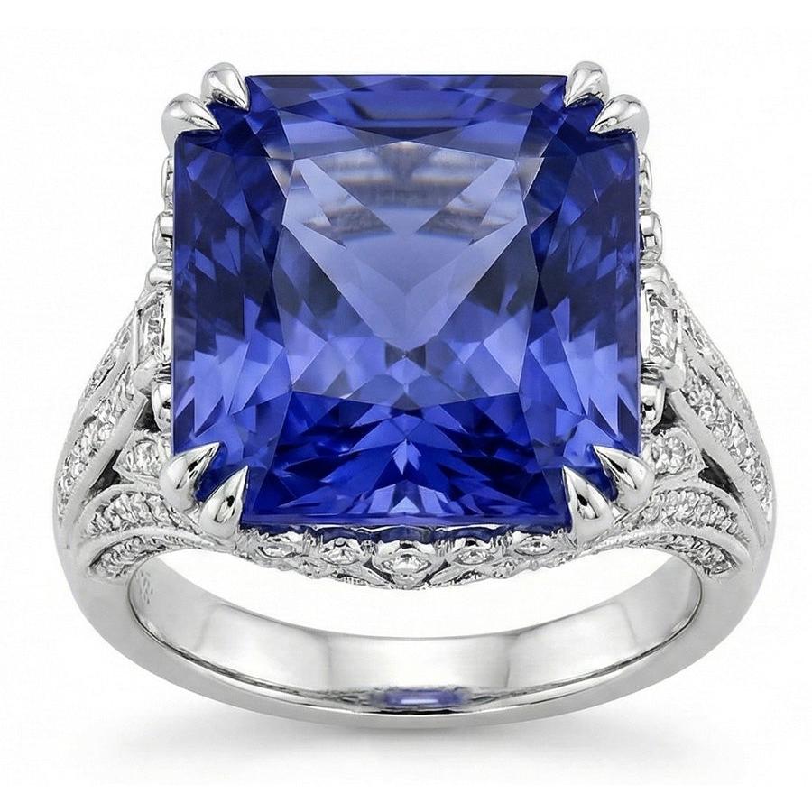 11.51 Carat Cushion Sri Lanka Sapphire Round Natural Earth Mined Diamond White Gold Ring