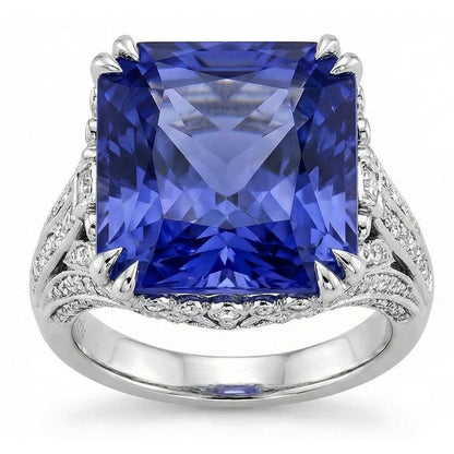 11.51 Carat Cushion Sri Lanka Sapphire Round Natural Earth Mined Diamond White Gold Ring
