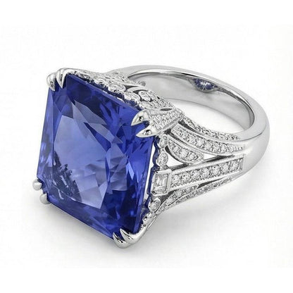 11.51 Carat Cushion Sri Lanka Sapphire Round Natural Earth Mined Diamond White Gold Ring