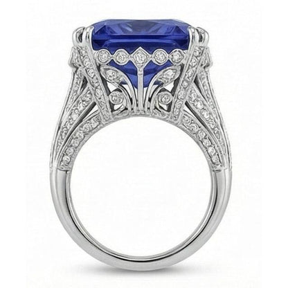 11.51 Carat Cushion Sri Lanka Sapphire Round Natural Earth Mined Diamond White Gold Ring
