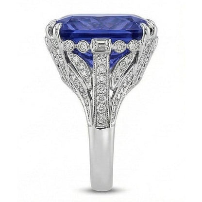 11.51 Carat Cushion Sri Lanka Sapphire Round Natural Earth Mined Diamond White Gold Ring