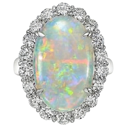 12.50 Carats Opal And Natural Earth Mined Diamonds Wedding Ring New White Gold 14K