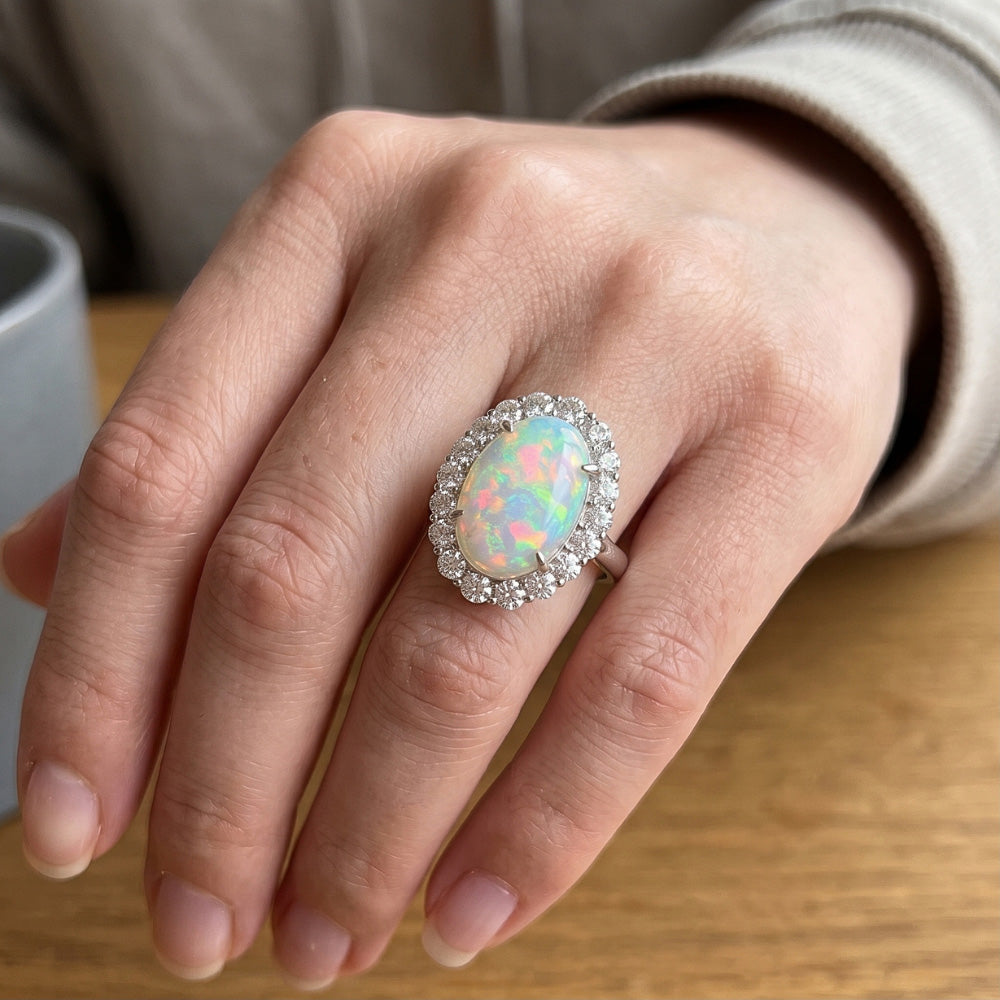 12.50 Carats Opal And Natural Earth Mined Diamonds Wedding Ring New White Gold 14K