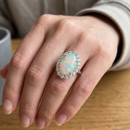 12.50 Carats Opal And Natural Earth Mined Diamonds Wedding Ring New White Gold 14K