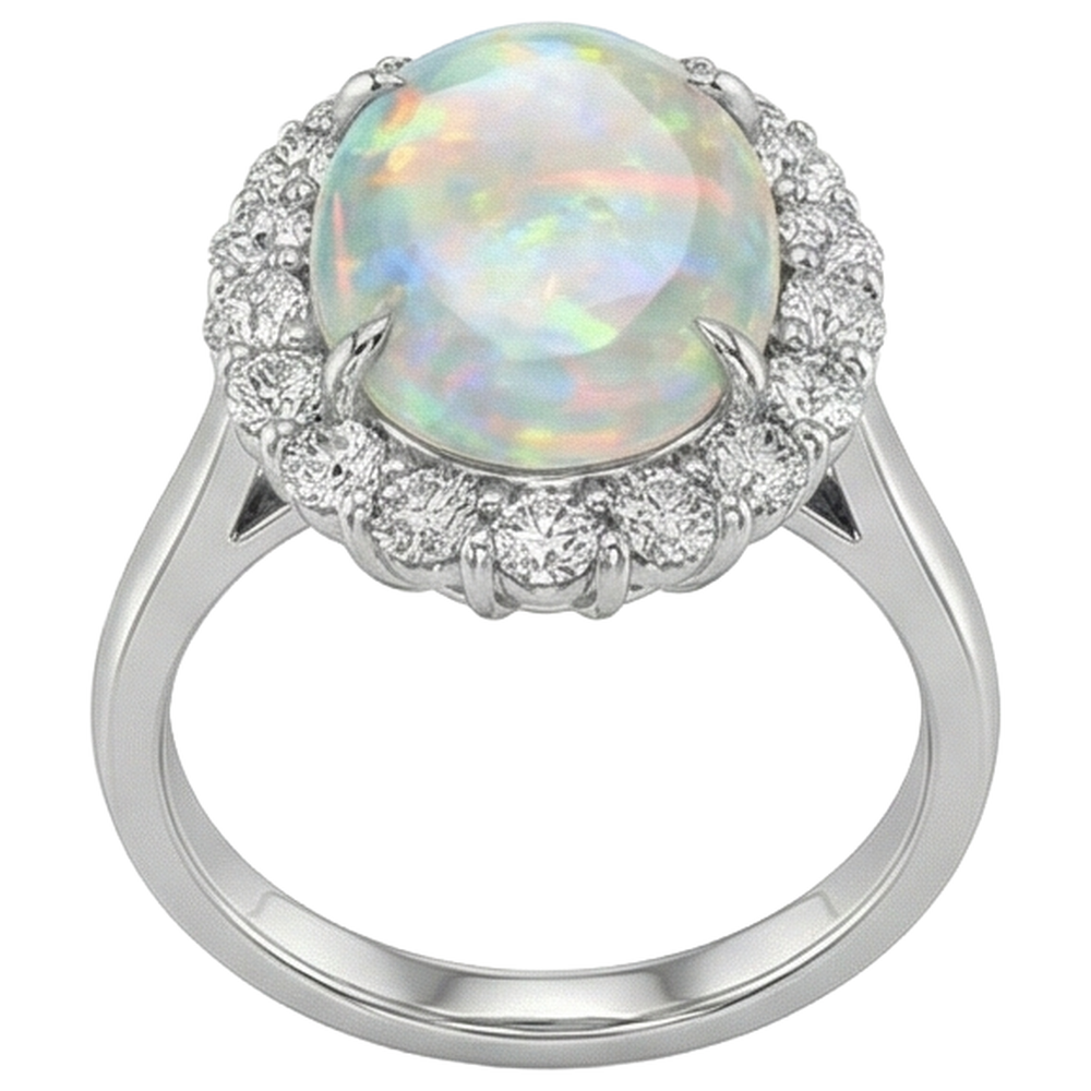 12.50 Carats Opal And Natural Earth Mined Diamonds Wedding Ring New White Gold 14K