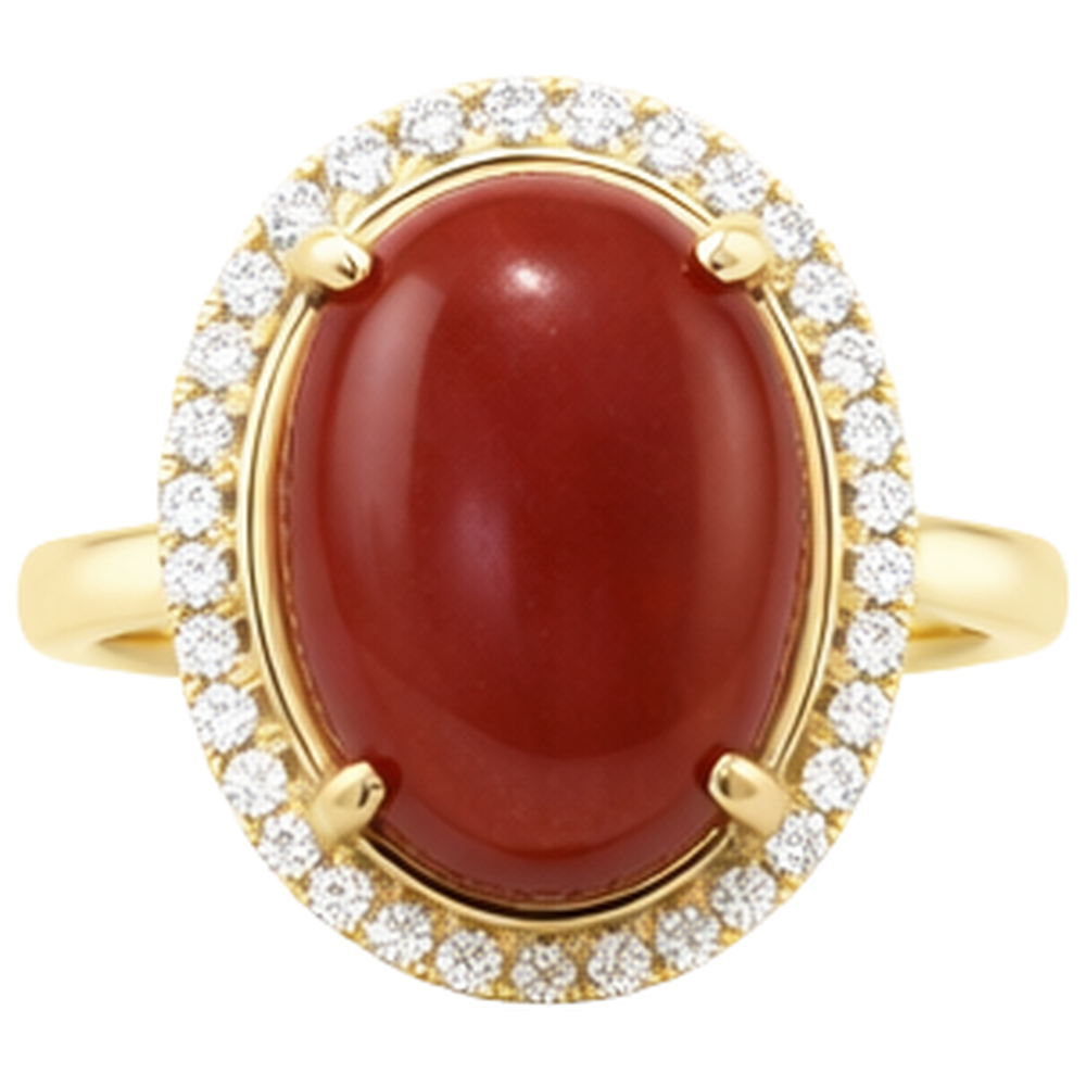 12.50 Carats Red Coral With Natural Earth Mined Diamonds Wedding Ring Gold Yellow 14K