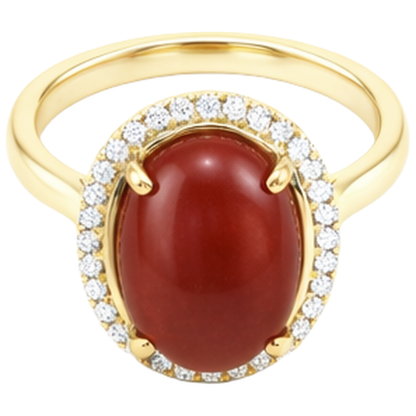 12.50 Carats Red Coral With Natural Earth Mined Diamonds Wedding Ring Gold Yellow 14K