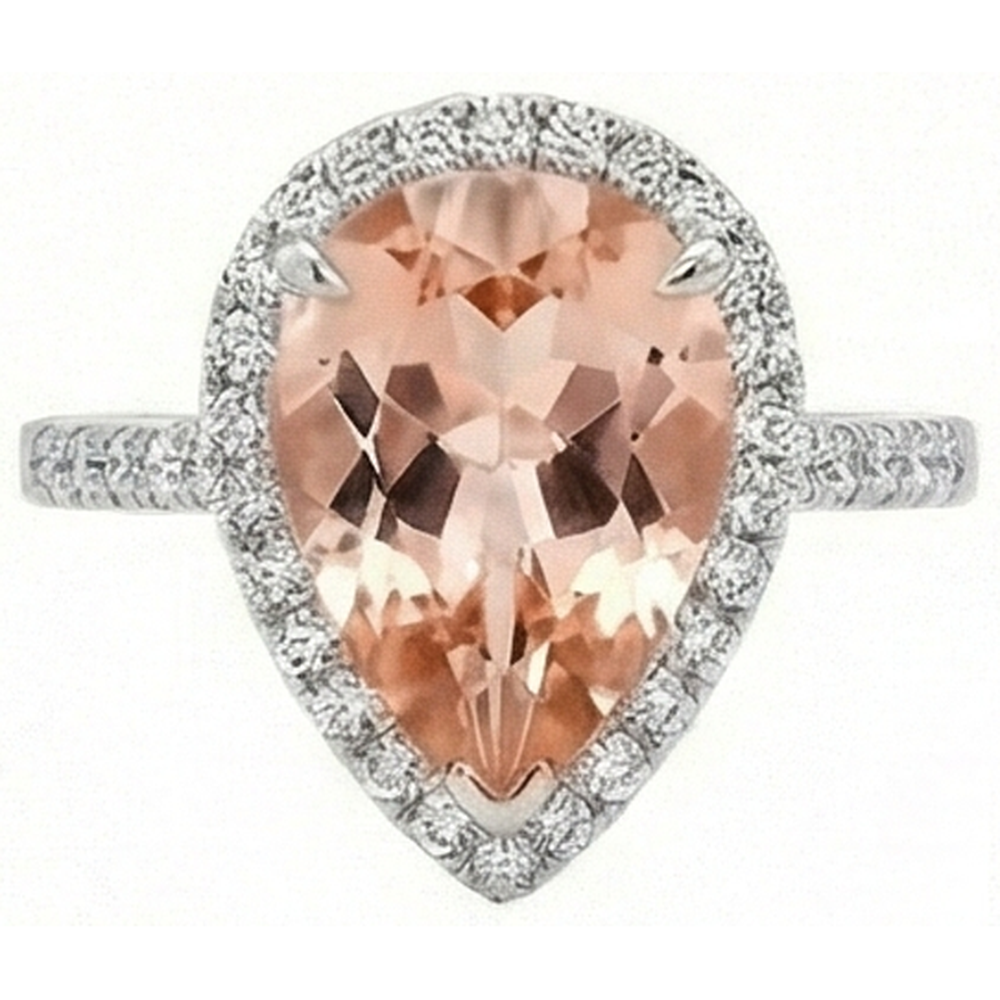 12.50 Ct Pear Morganite With Natural Earth Mined Diamonds Wedding Ring 14K White Gold