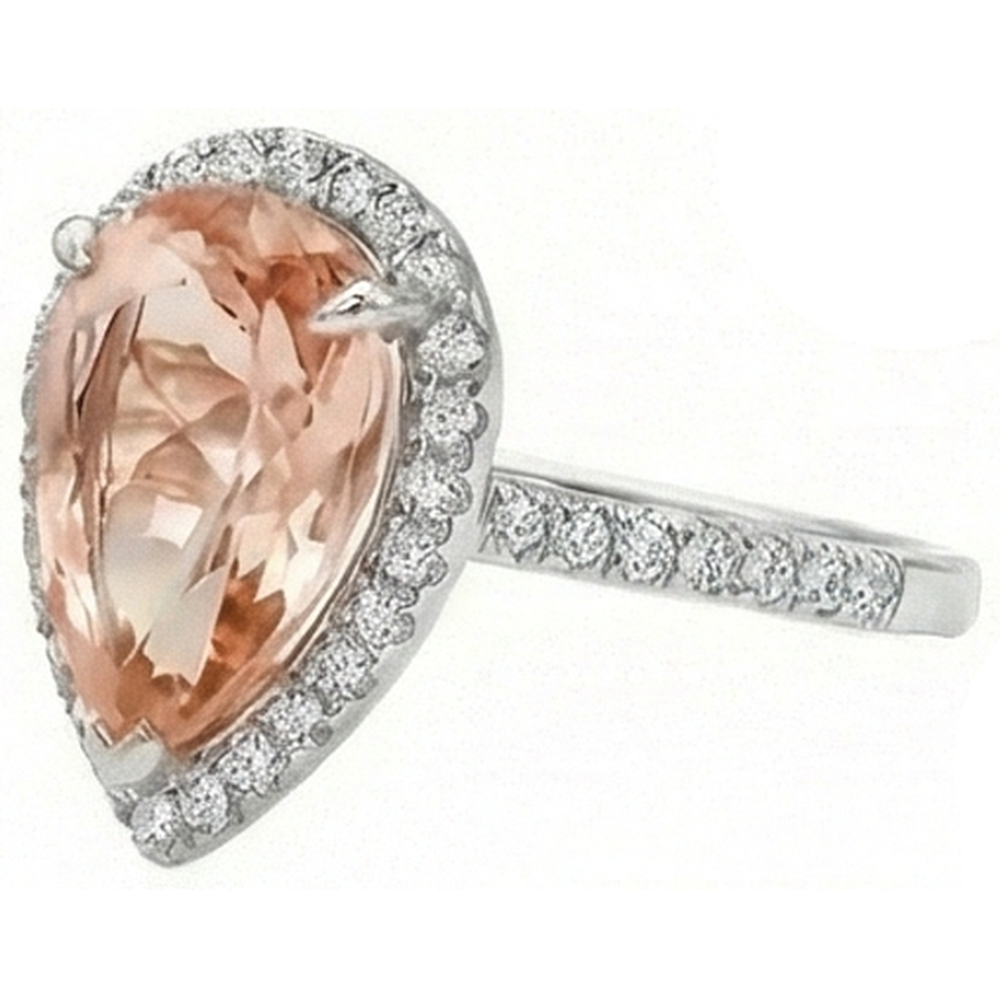 12.50 Ct Pear Morganite With Natural Earth Mined Diamonds Wedding Ring 14K White Gold