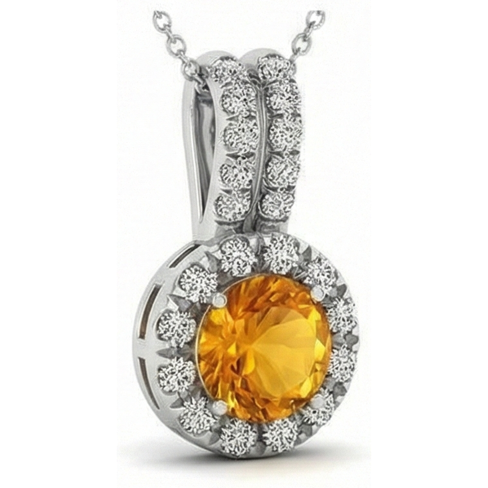 12 Ct Round Madeira Citrine With Natural Earth Mined Diamonds Pendant Necklace White Gold