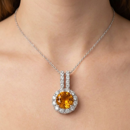 12 Ct Round Madeira Citrine With Natural Earth Mined Diamonds Pendant Necklace White Gold