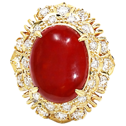 13.50 Ct Oval Red Coral With Round Natural Earth Mined Diamonds Ring Yellow Gold 14K