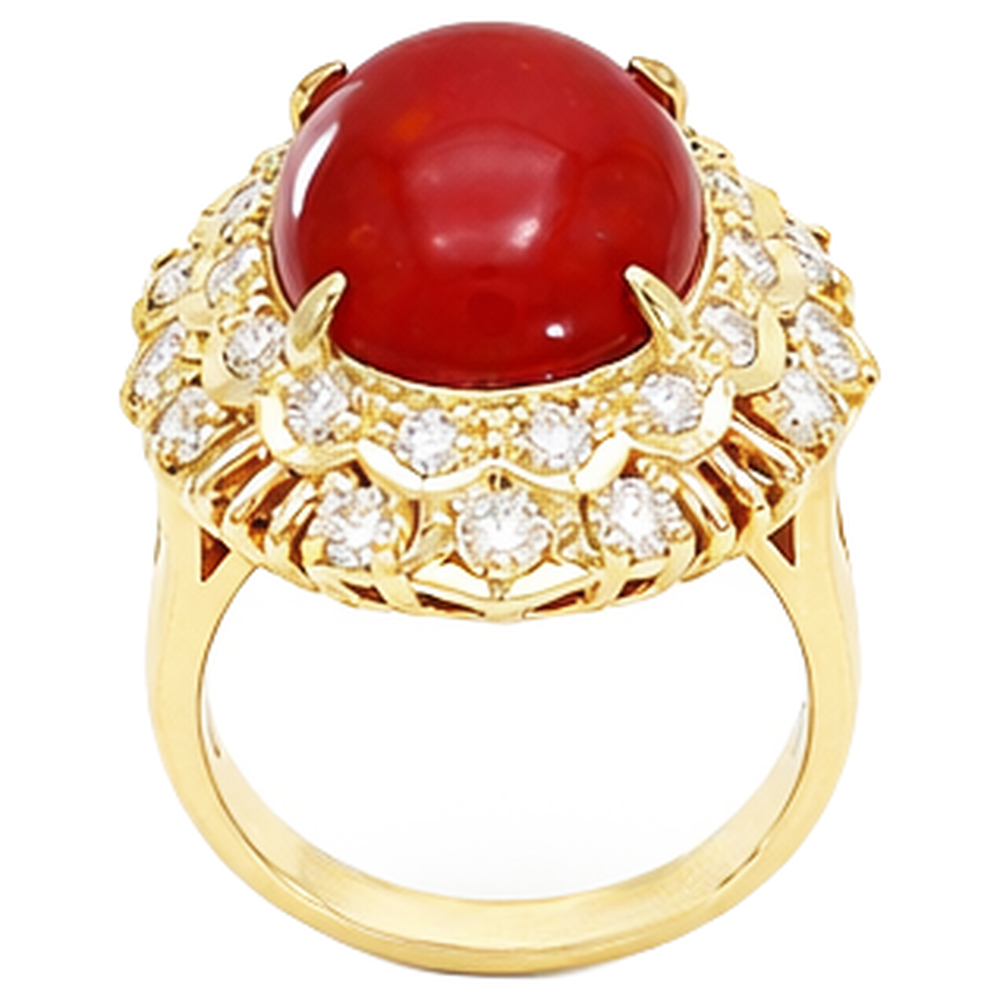 13.50 Ct Oval Red Coral With Round Natural Earth Mined Diamonds Ring Yellow Gold 14K