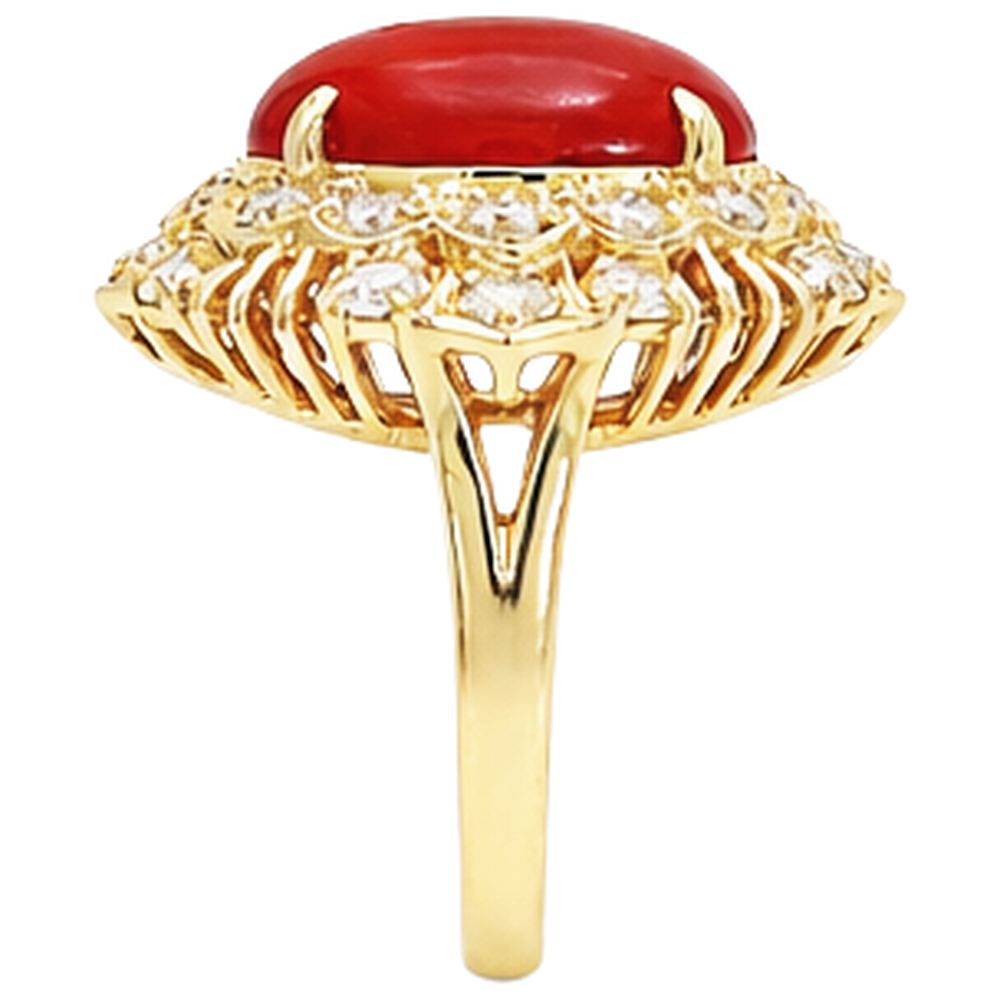 13.50 Ct Oval Red Coral With Round Natural Earth Mined Diamonds Ring Yellow Gold 14K