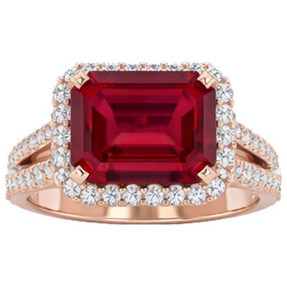 13 Ct Red Ruby IGI CERTIFIED Emerald Cut With Diamond Wedding Ring 14K Rose Gold