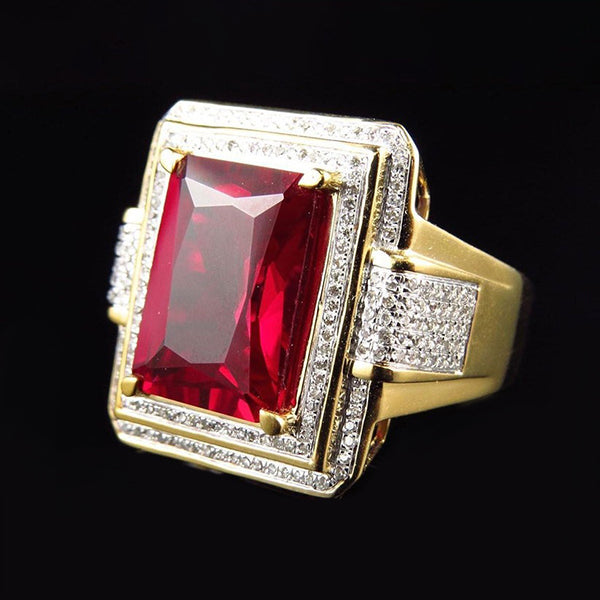 13 Ct Big Emerald Cut Red Aaa Men's Ruby Ring With Diamond Yellow Gold 14K
