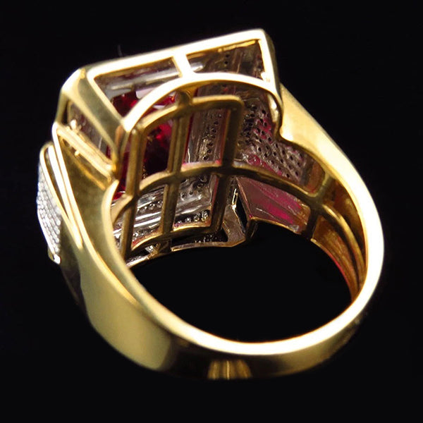 13 Ct Big Emerald Cut Red Aaa Men's Ruby Ring With Diamond Yellow Gold 14K