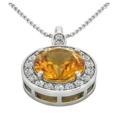 13 Ct Round Madeira Citrine Halo Natural Earth Mined Diamonds Pendant Necklace White Gold