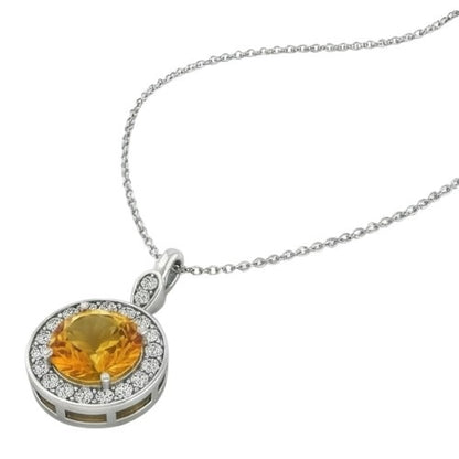 13 Ct Round Madeira Citrine Halo Natural Earth Mined Diamonds Pendant Necklace White Gold