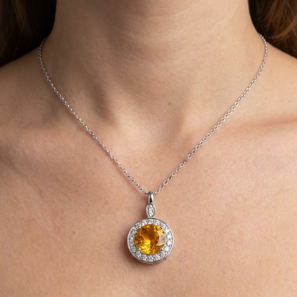 13 Ct Round Madeira Citrine Halo Natural Earth Mined Diamonds Pendant Necklace White Gold