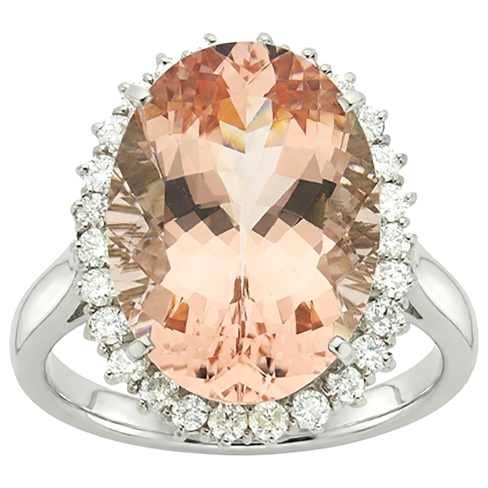 14.25 Ct. Big Oval Morganite With Small Natural Earth Mined Diamonds Ring White Gold 14K