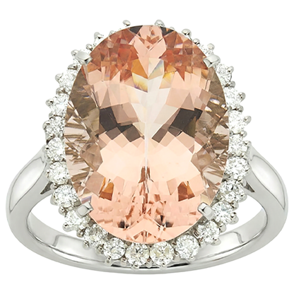 14.25 Ct. Big Oval Morganite With Small Natural Earth Mined Diamonds Ring White Gold 14K