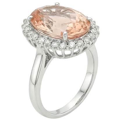 14.25 Ct. Big Oval Morganite With Small Natural Earth Mined Diamonds Ring White Gold 14K