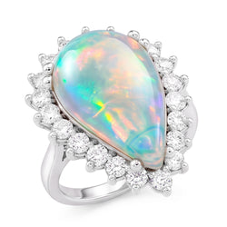 14.25 Ct Ladies Pear Opal And Round Natural Earth Mined Diamonds Ring White Gold 14K