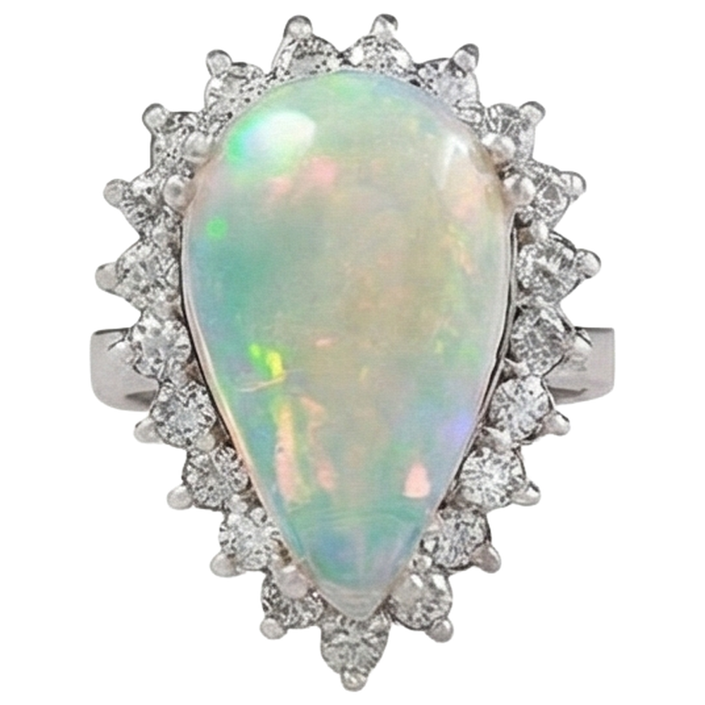 14.25 Ct Ladies Pear Opal And Round Natural Earth Mined Diamonds Ring White Gold 14K