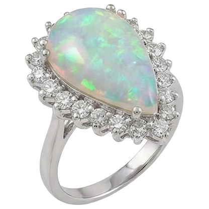 14.25 Ct Ladies Pear Opal And Round Natural Earth Mined Diamonds Ring White Gold 14K