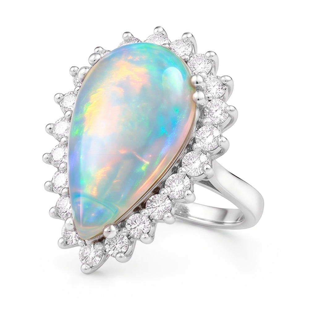 14.25 Ct Ladies Pear Opal And Round Natural Earth Mined Diamonds Ring White Gold 14K