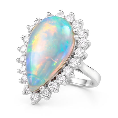 14.25 Ct Ladies Pear Opal And Round Natural Earth Mined Diamonds Ring White Gold 14K
