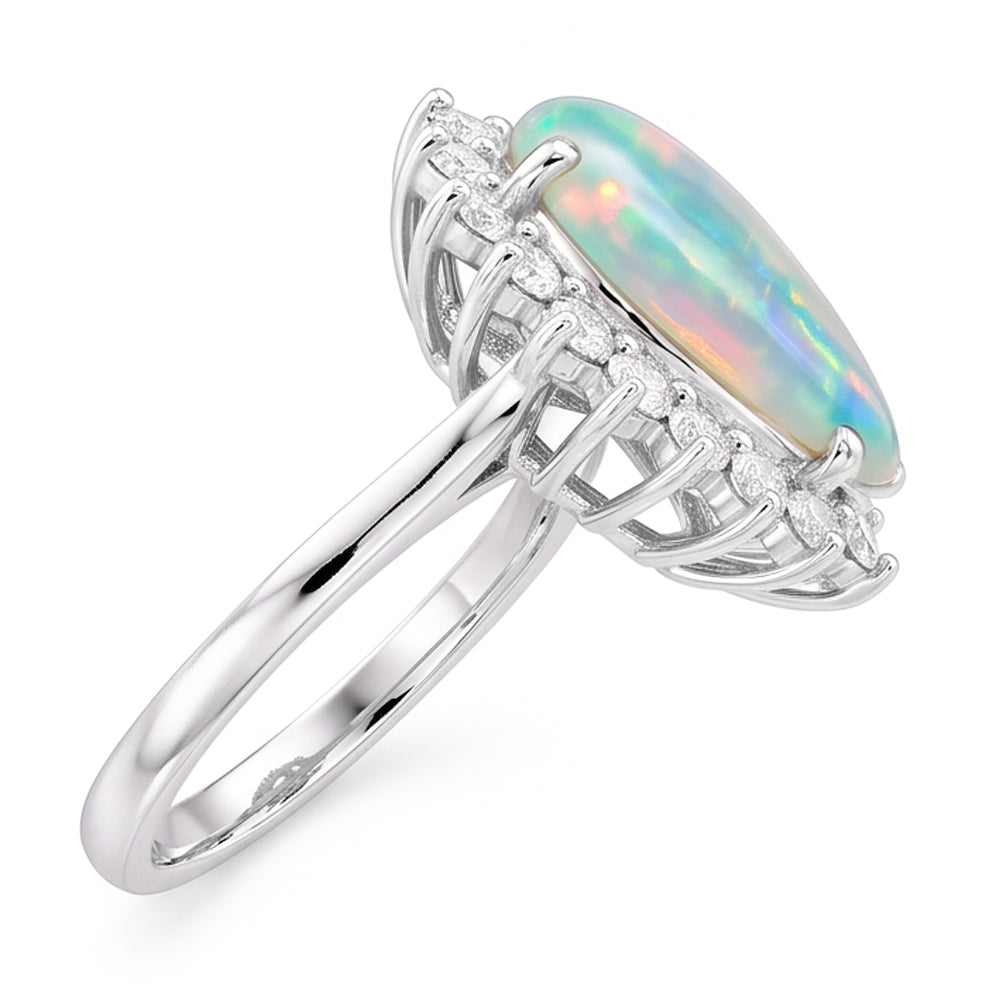 14.25 Ct Ladies Pear Opal And Round Natural Earth Mined Diamonds Ring White Gold 14K