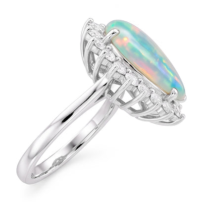 14.25 Ct Ladies Pear Opal And Round Natural Earth Mined Diamonds Ring White Gold 14K
