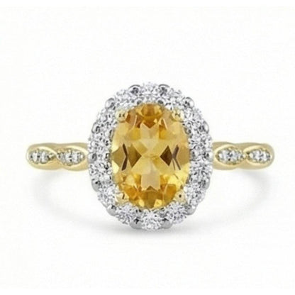 14.75 Carats Oval Cut Madeira Citrine & Natural Earth Mined Diamonds Gold Wedding Ring