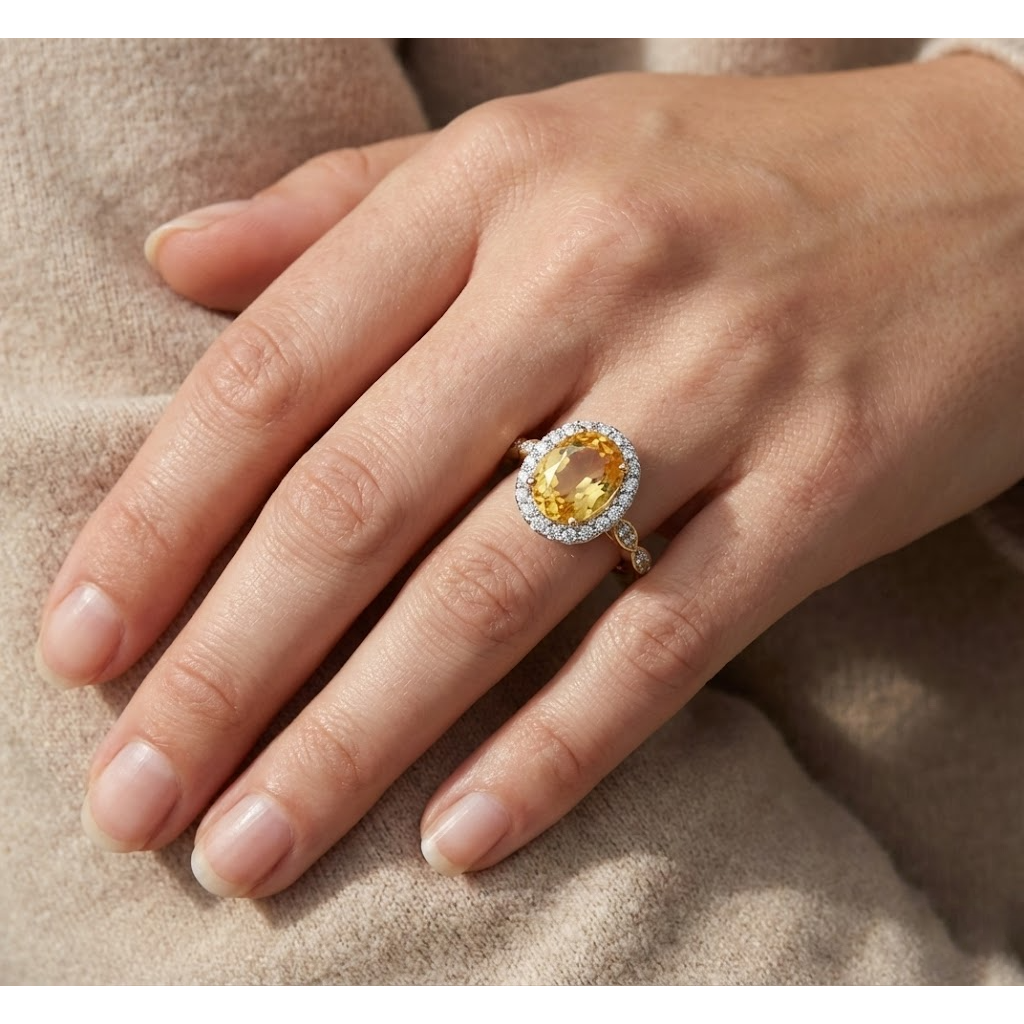 14.75 Carats Oval Cut Madeira Citrine & Natural Earth Mined Diamonds Gold Wedding Ring